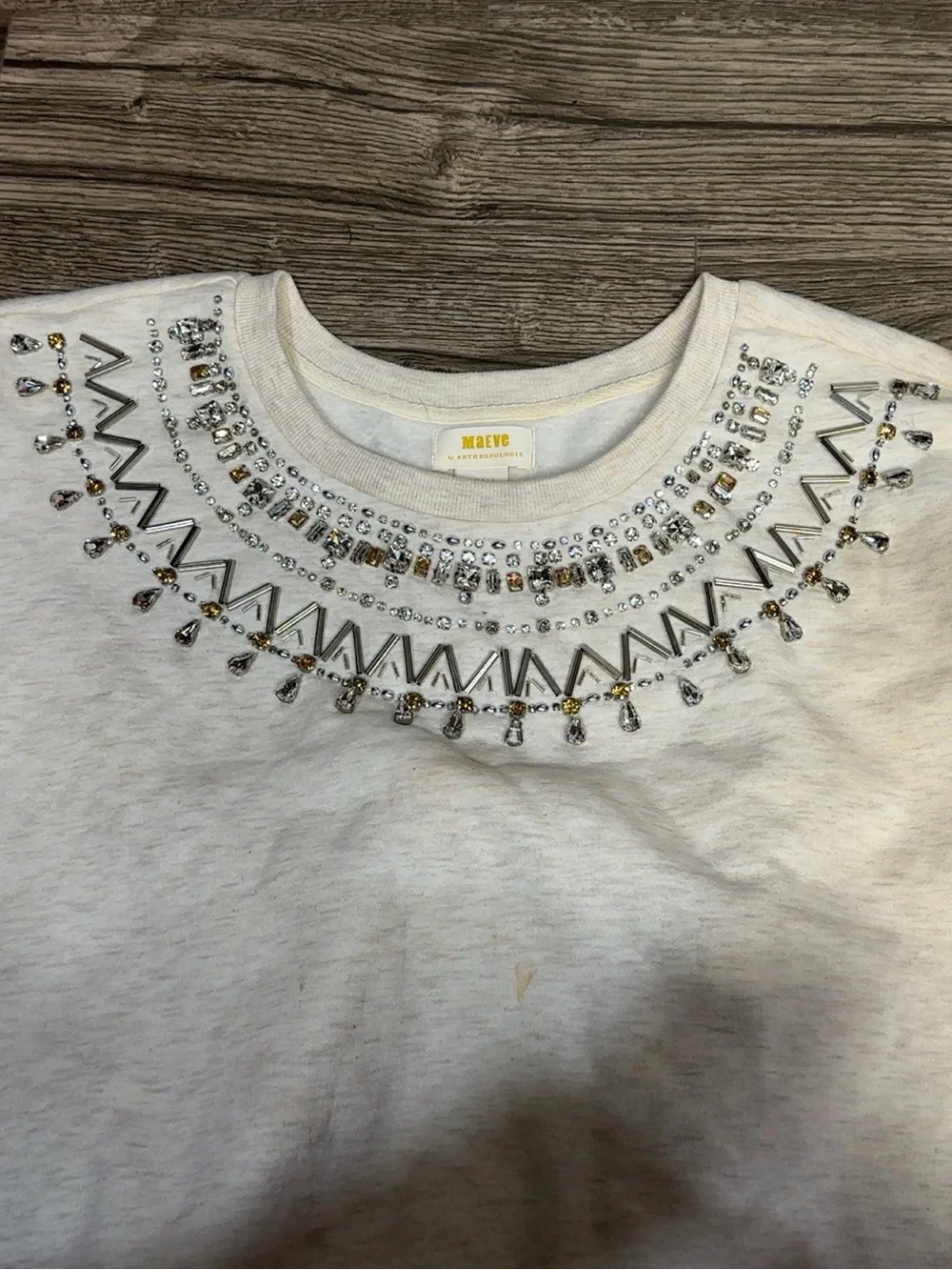Maeve Anthropologie Embellished Sweatshirt Small Ivory Beaded Jewel Neck